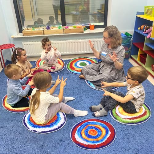 Carpet Circles Kids Rug 16Inch Rainbow Crazy Carpet Circle Seats Preschool Classroom Accessories 12pcs Round Flexible Seats Group Activity Spots Marker for Classroom Kindergarden Playroom