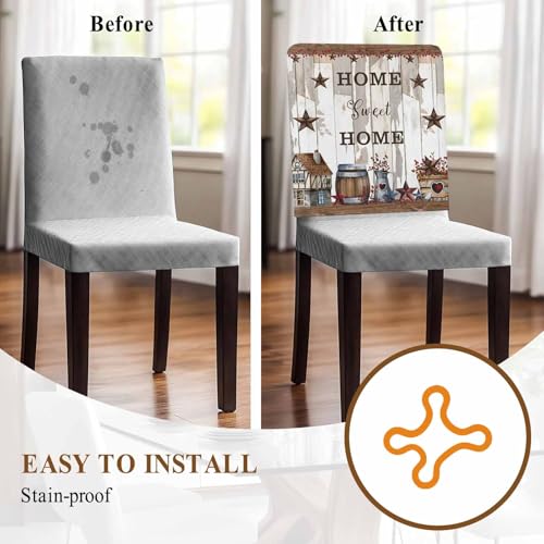 Sweet Home Country Star Dining Chair Cover Set of 4,Removable Chair Back Covers Retro Farm Gray Brown Wood Grain Washable Kitchen Chairs Slipcover for Home Dining Room Office Hotel