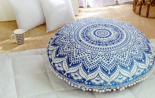 Popular Handicrafts Floor Pillow Cushion Cover - Hippie Mandala Cushion Cover Large Cotton - Pouf Cover Round Bohemian Yoga Decor, 32" Blue