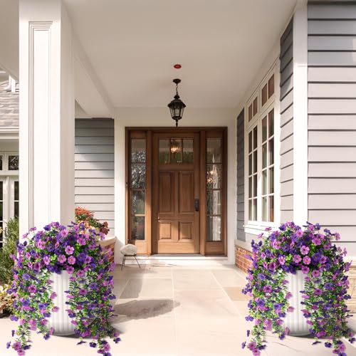 Artificial Hanging Flowers for Outdoors, 2 Pcs Fake Hanging Plants Spring Summer Decor, UV Resistant No Fade Faux Silk Daisy Flower for Planters Front Door Porch Patio Yard Garden(Double Purple)
