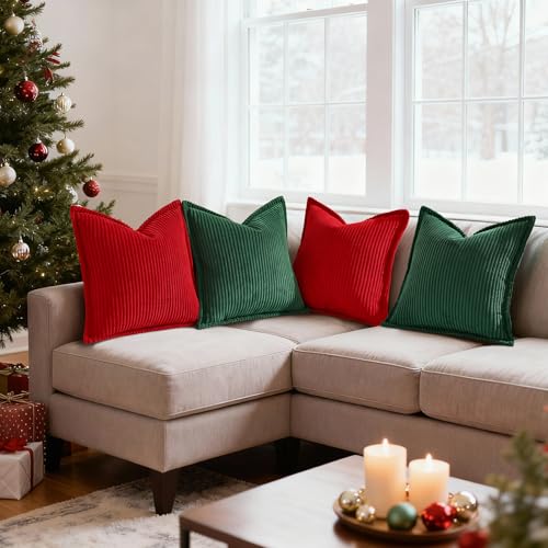 Mecatny Corduroy Throw Pillow Covers 22x22 Set of 2 Christmas Red