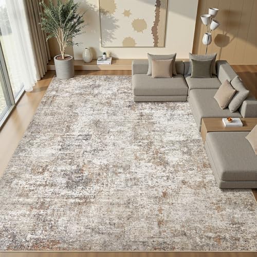 10x14 Area Rugs for Living Room: Washable Large Neutral Abstract Rug Soft Non Slip Stain Resistant Low Pile Indoor Carpet for Bedroom Dining Room Nursery Office Playroom - Brown Grey