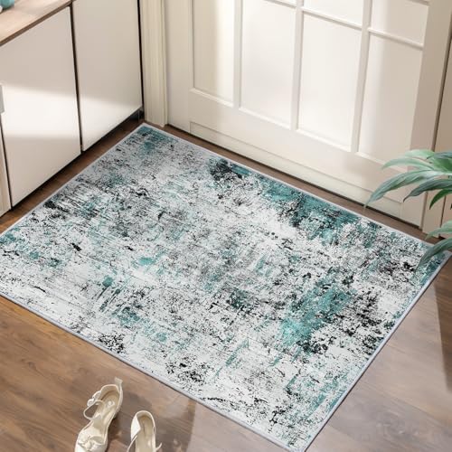 Washable Area Rug 2x3 Entryway Rug, Modern Abstract Entry Mat Teal