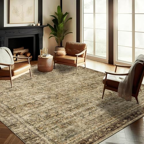 CHAMPLANT Area Rug 8x10 Washable Rug Brown Vintage Traditional Mat Distressed Indoor Foldable Thin Retro Accent Floral Non Slip Carpet Living Room Dining Room Office