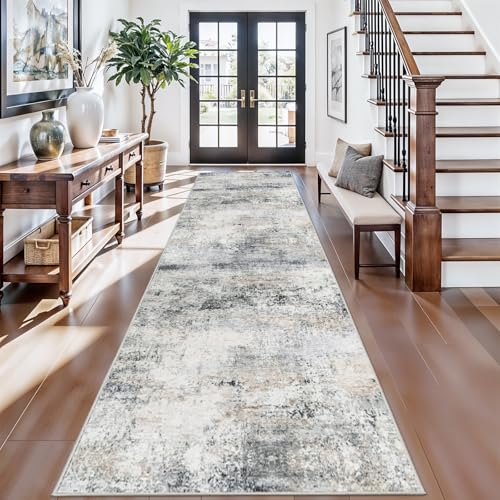3x12 Runner Rug Non Slip: Washable Abstract Long Rugs for Hallway Blue Grey