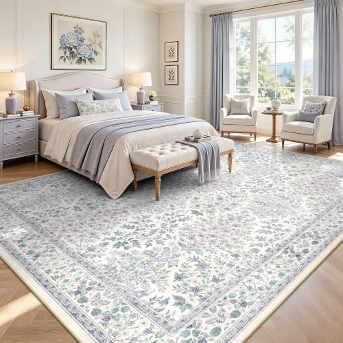 8x10 Area Rug for Living Room Low Pile Boho Machine Washable Floral Rugs for Dining Room, Bedroom, Nursery with Non-Slip Back(Purple Floral)