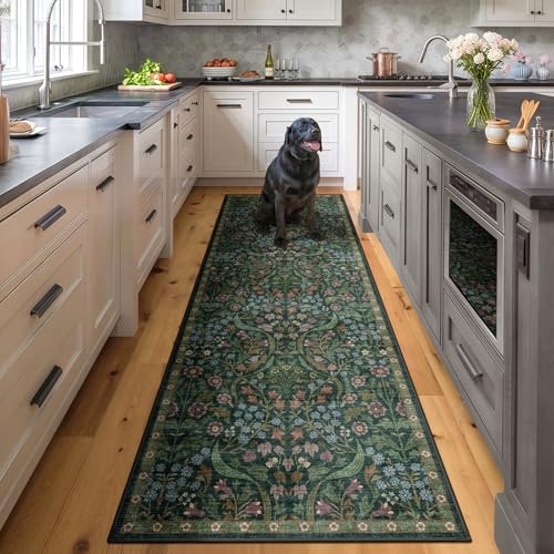2x6 Washable Runner Rug Green Boho Floral for Hallway Kitchen Bedroom