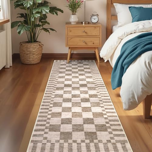 GarveeHome 2×6 Kitchen Runner Rug Non Slip Brown Checkered Rug,Washable Runner Rug for Hallway Soft Low-Pile Geometric Tan Brown Print Checkerboard Rugs for Entryway Kitchen Dining Room