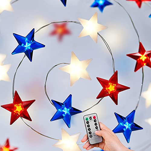 4th of July Decorations Red White and Blue String Lights Battery Operated 16FT 50 LED Patriotic Fairy Lights with Timer & Remote for Independence Day Memorial Day Fourth of July Decor for Home