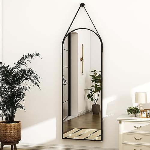 HARRITPURE 16"x48"Arched Mirror with Hanging Leather Strap Full Length Mirror Aluminum Frame Wall-Mounted Arch Hanging Mirrors for Bathroom Vanity Living Room Bedroom Entryway Decor