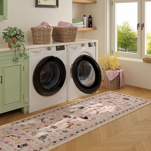 Rugcomf Runner Rug 2x10 Washable Non Slip Floral Animal Cat, Pink