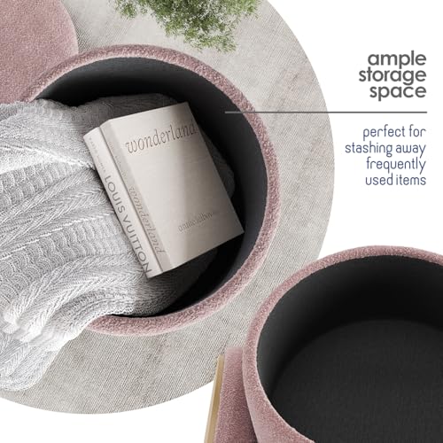 Round Ottoman with Storage, Boucle Storage Ottoman, Foot Stool Ottomans, Makeup Vanity Stool, Small Ottomans Foot Rest, Modern Vanity Stools for Living Room and Bedroom, Pink
