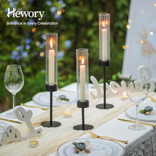 Hewory Black Taper Candle Holders: Candlestick Holders Set of 6 Hurricane Glass Tall Candle Holder for Candlesticks Candle Sticks Holder Decor for Table Centerpiece Wedding Party Christmas Decorations