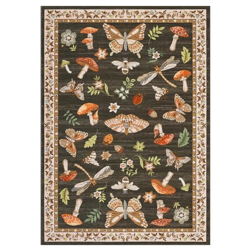 ROYHOME Mushroom Washable Rug 5x7 Area Rugs for Living Room, Insect Print Rug for Bedroom, Non Slip Throw Carpet with Rubber Back, Soft Low Pile Dining Room, Brown