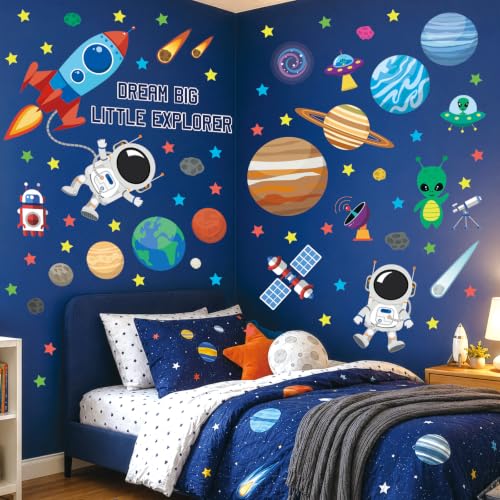 DECOWALL DS9-8058 Outer Space wall Decals Stickers Kids Bedroom Room décor Nursery Boys Galaxy Stars Astronaut Planets Solar System Dark Removable Decoration Living Spaceship Window Art Mural Peel