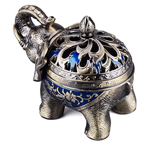 K COOL Metal Backflow Incense Holder Elephant Cone Incense Burner Candle Holder with Lid, Aromatherapy Ornament Home Office Decoration for Indoor Outdoor (Navy Blue)