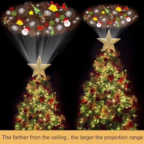 Wninbu Christmas Tree Topper Star Lighted with 6 Projection Modes,Christmas Star Tree Topper Projector Built-in LED Rotating Lights,3D Glitter Dynamic Projector Party Christmas Decorations (Gold)