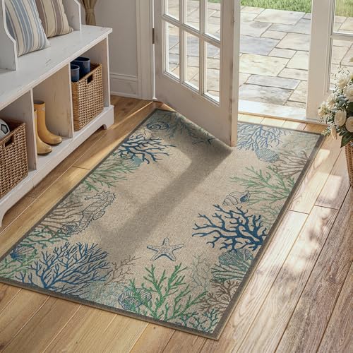 LIVEBOX Easy Jute 28''x43'' Front Porch Rug, Outdoor Non Slip Washable Kitchen Rug Modern Coastal Animal Area Rugs Floor Hello Welcome Door Mat Carpet for Entryway Porch Doorway(Blue 28''x43'')