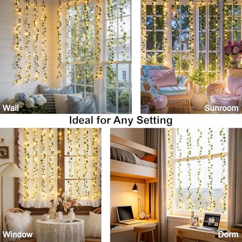 suddus Vines with Light for Bedroom, 200 LED Fairy Lights with Vines, Ivy Curtain Lights for Dorm, Wedding, Party, Wall, Indoor, Outdoor Decor, 6.5ft x 6.5ft with Remote（Warm White）