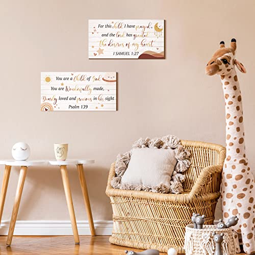 Yookeer 2 Pcs Nursery Wall Art Wooden Baby Room Wall Decor This Child I Have Prayed Bible Quote Hanging Sign for Girls Boys Teen Home Room Bedroom Playroom(Cute)