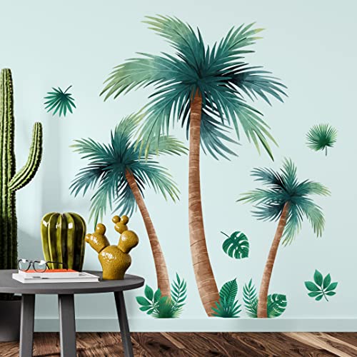 3D Removable Tropical Rainforest Wall Sticker Brown Tree Green Leaves Wall Decal DIY Peel and Stick Coconut Tree Wall Decor for Kids Girls Boys Bedroom Living Room Nursery Classroom Playroom
