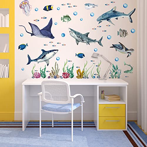 3 Pieces Large Watercolor Sharks Wall Decals Ocean Animal Peel and Stick Wall Sticker Under The Sea Marine Life Theme Decals Nursery Room Home Decor Party Supply, 11.2 x 34.6 Inches