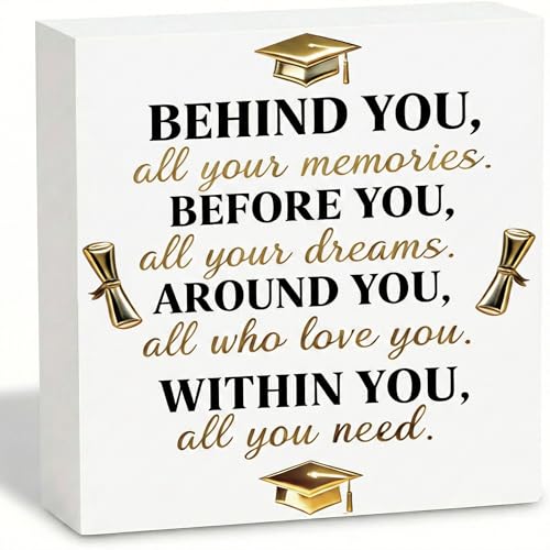 Graduation Decorations 2026 College Graduation Gifts Her for Him Quote Wood Box Sign Decor Desk Sign Positive Behind You All Your Memories Wooden Box Block Sign Rustic Home Shelf Wall Decoration