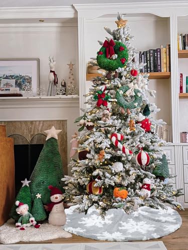 Grey White Tree Skirt Snowflakes Tree Skirts 36 Inch Large Christmas Tree Skirts Luxury Floor Mat for Xmas Tree Skirt Christmas Tree Decorations