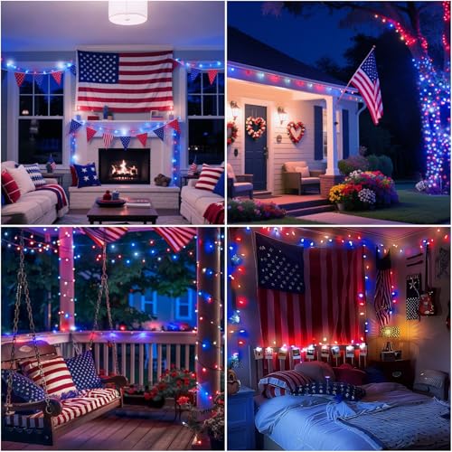 LAMPHOME 50 LED Outdoor Red White Blue Patriotic Lights, 16 FT Mini String Light with 9 Modes & 6 Hour Timer, Waterproof Battery Operated for Independence Day Holiday Memorial Day Party Decor