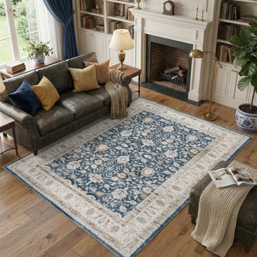 JINCHAN 6x9 Vintage Floral Area Rug, Washable Non Slip, Blue Beige