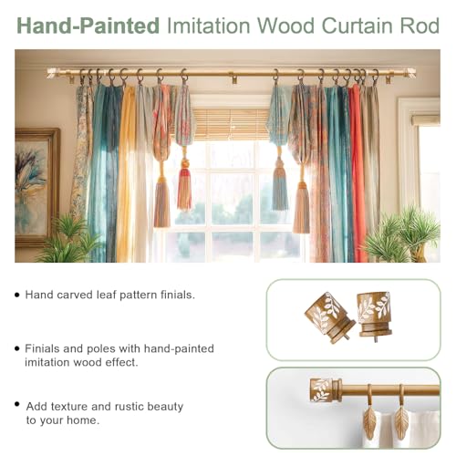 QDWIS Natural Wood Curtain Rods for Windows 28 to 48 inch Boho Decorative Handmade Wood Grain Drapery Rods with Leaf Finial 1" Adjustable Heavy Duty Curtain rod for Living Room Bedroom Kitchen