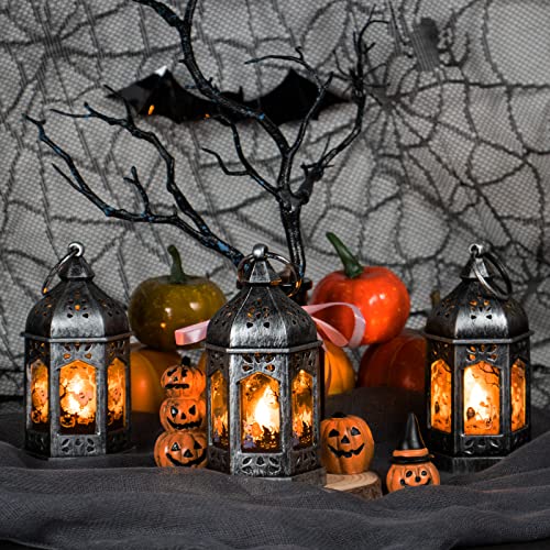 5" Mini Lanterns with Halloween Pattern Glass & Flickering LED Candles for Halloween Decorations, Small Lantern Decorative for Table Centerpiece Party Decor, 8Pack, Hanging Candle Holder Ornaments