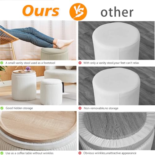 Round Ottoman with Storage Set of 2-White Velvet Vanity Stool