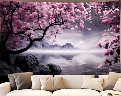 QGHOT Japanese Cherry Blossom Tapestry Wall Hanging Asian Anime Nature Mountain Wall Art Calming Lake Ocean Tapestries for Bedroom Living Room Decor 60x50in