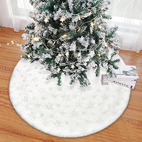 Dremisland Christmas Tree Skirt, 48 inches Large White&Silver Luxury Faux Fur Tree Skirt with Snowflakes Super Soft Thick Plush Tree Skirt for Xmas Tree Decoration (Silver, 48inch/122cm)