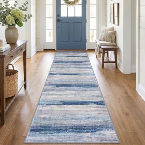 KOZYFLY Modern Hallway Runner Rug 2.6x10 Washable Rug Blue/Grey/Beige