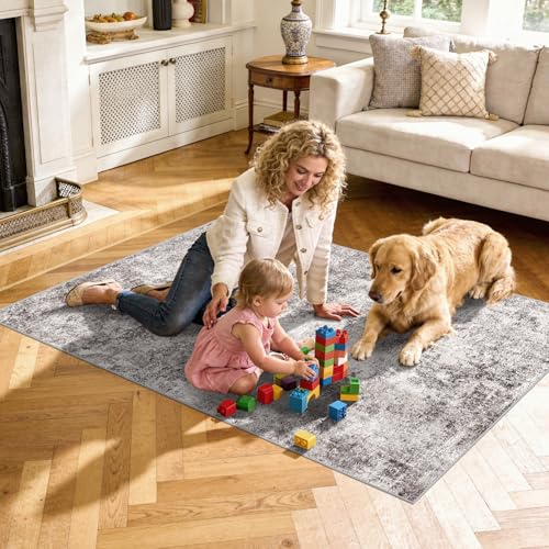 Abstract 3x5 Washable Rug: Modern Non Slip Area Rug Soft Carpet Foldable Distressed Stain Resistant Neutral Rugs for Hallway Living Room Bedroom Decor Indoor Small Farmhouse Rug 3'x5' Gray Cream