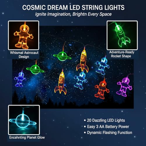 Fielegen 20 LED Children's Room LED String Light Astronaut Spaceship Rocket Outer Space Room Decor Holiday Party Lights for Kids Bedroom Decor, Children Birthday Party Holidays Wall Decorations