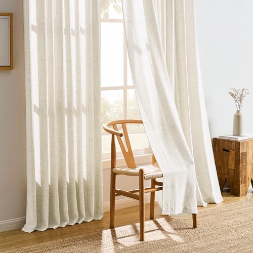 RAIN CITY Extra Long Pleated Sheer Curtains 144 Inches Long 12 Feet Length, Memory Trained Luxury Drapes for Tall Window Thick Linen Textured Cream Light Filtering Privacy Neutral Panels Set of 2