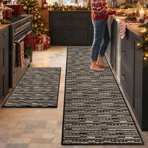Kitchen Rugs Sets of 2, Non Slip Kitchen Mats for Floor, Black