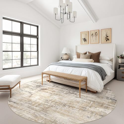8ft Round Area Rug for Living Room Washable Abstract Golden Brown