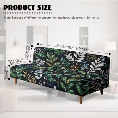 Green Leaf Pattern Armless Sofa Cover, Anti-Slip Non-Armrest Couch Cover Comfortable Futon Sofa Slipcover for 3 Cushion Couch