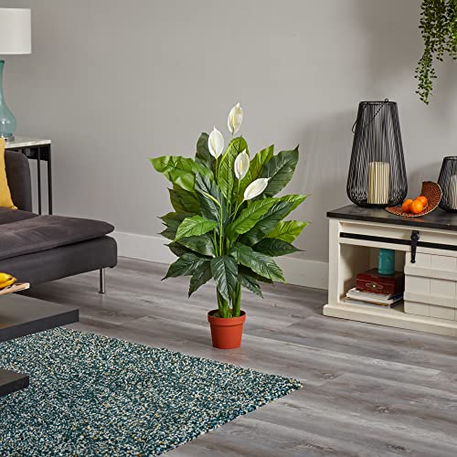 Nearly Natural 42in Artificial Peace Lily Plant with Real Touch Silk Leaves and White Flowers for Indoor Home Decor and Faux Greenery