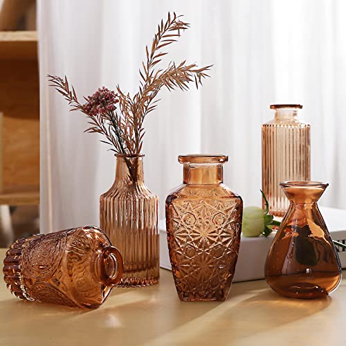 Amber Glass Bud Vases -Set of 20 for Flowers, Small Amber Bud Vases in Bulk for Centerpieces Decor, Mini Glass Set for Home Table Decorations
