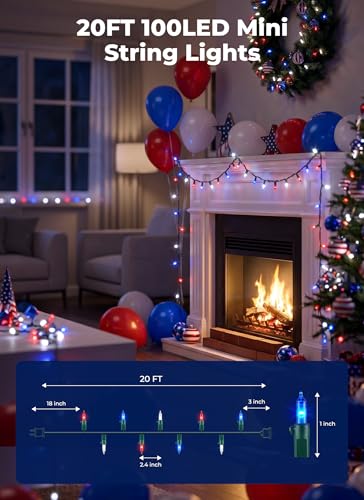 Minetom Red White Blue LED Christmas String Lights, 100 Count 20 Feet 4th July Decoration, Independence Day Decoration, Patriotic Mini Lights Waterproof for Indoor Outdoor Xmas Holiday Party Patio