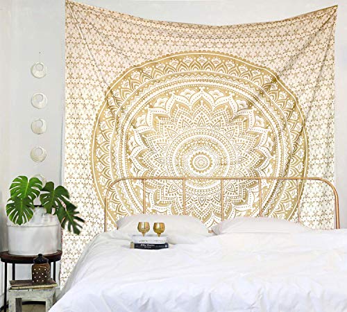 raajsee Top Selling Original Gold Mandala Ombre Tapestry Wall Hanging, Boho Bohemian Hippie Tapestries/Indian Cotton Dorm Decor Golden Twin Bedspread/Meditation Yoga Mat Rug 52x60 inches