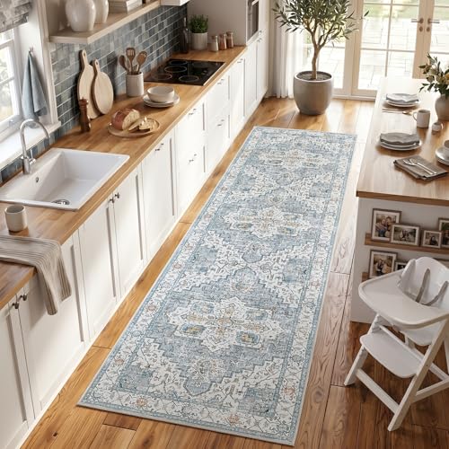 jinchan 3x8 Runner Vintage Medallion Washable Area Rug, Blue/Gray