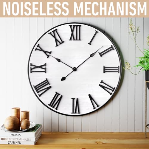 Large Wall Clock 24" Round - Silent Metal & Wood Large Farmhouse Wall Clock For Living Room Decor with 3D Roman Numerals - No Ticking - Noiseless Big Wood Decorative Clocks for Living Room Decor