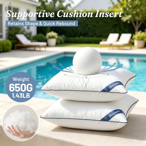 Atarashi 18 x 18 Outdoor Pillow Inserts (Pack of 2)- Waterproof Firm and Fluffy Square Throw Pillows - Decorative Pillow Forms for Couch Sofa Bed Patio Furniture - White