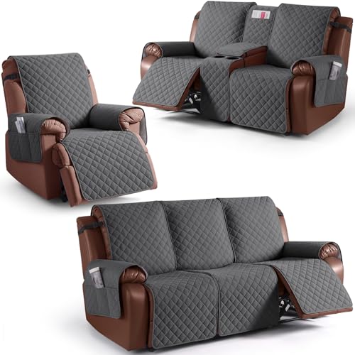 KinCam 100% Waterproof Recliner Loveseat Cover with Console X1, Recliner Couch Covers X1, Recliner Chair Covers X1(Charcoal Gray)
